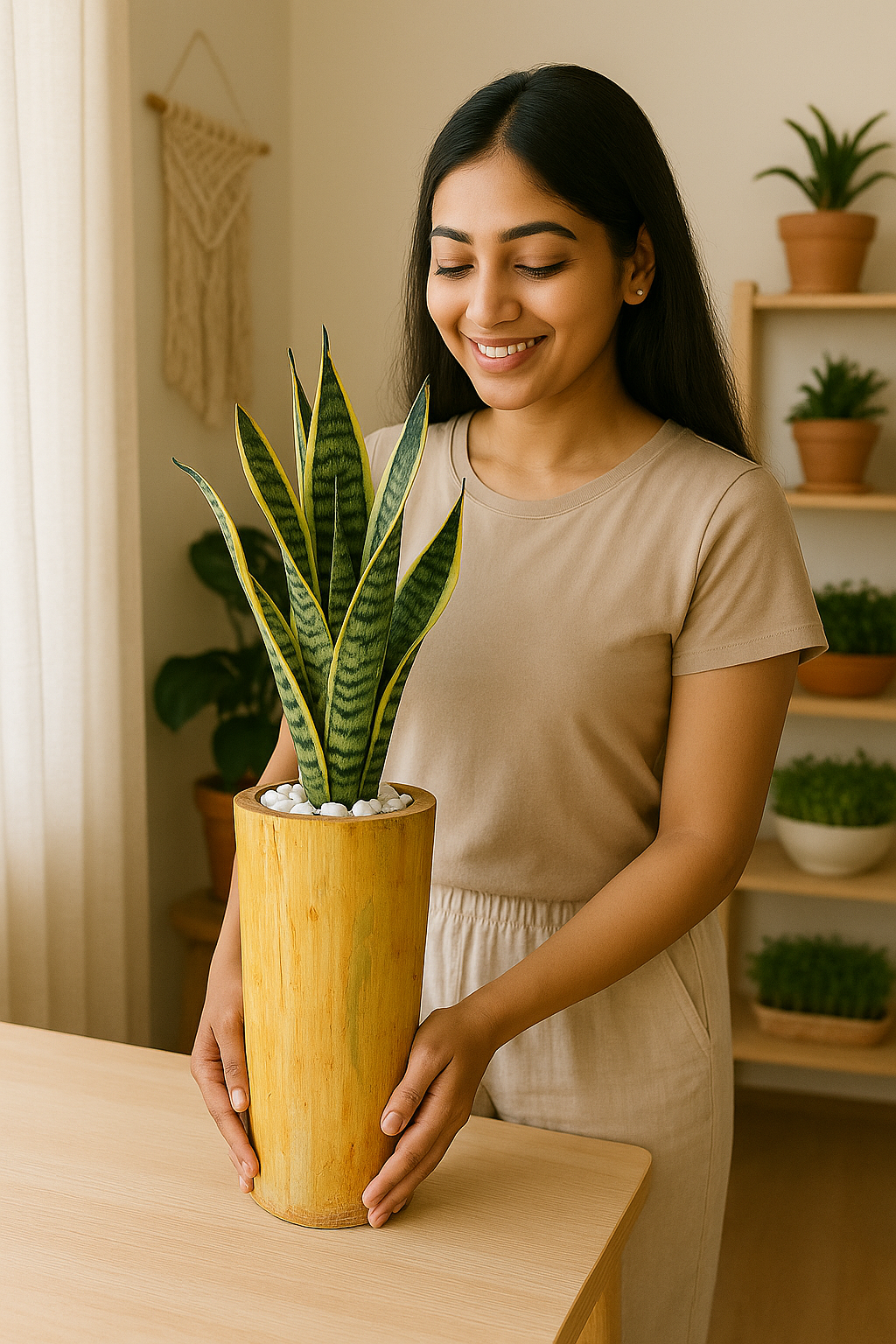 Snake Plant in Bamboo Pot